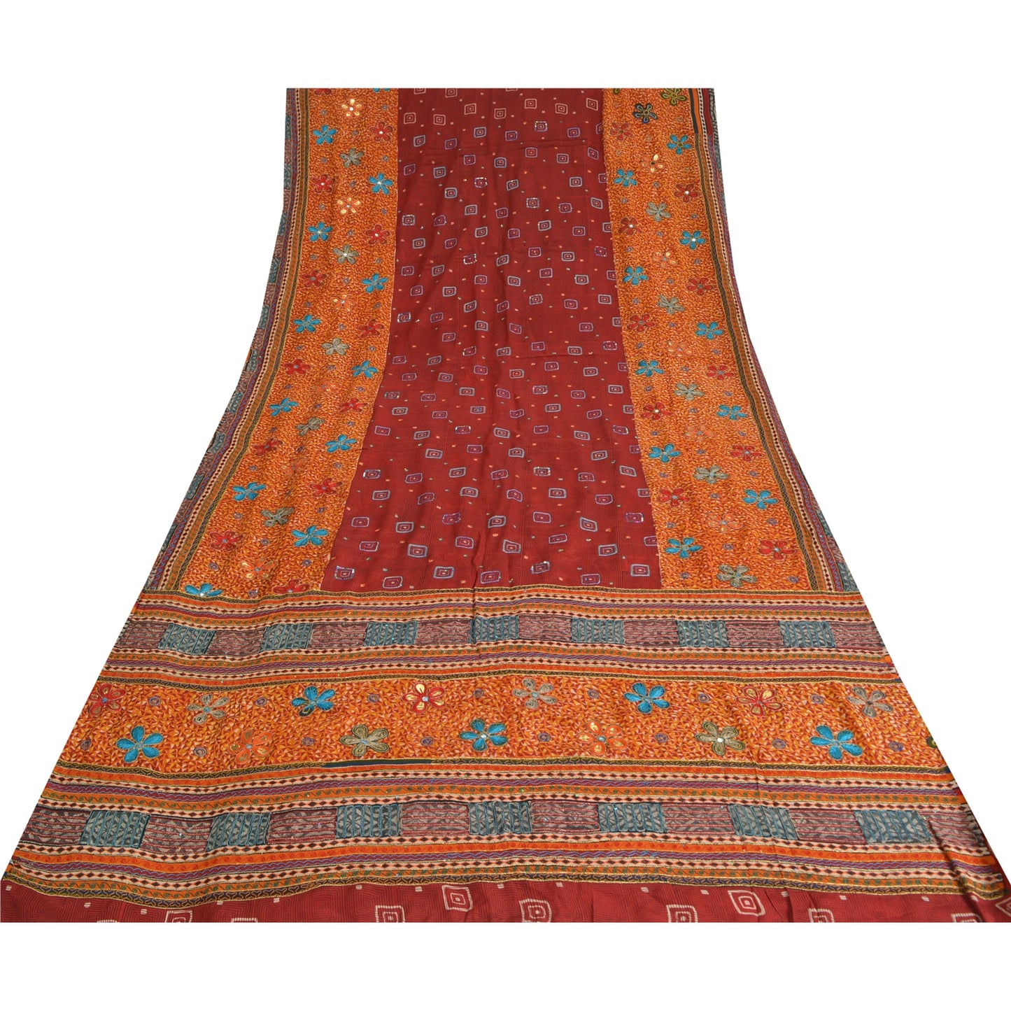 Sanskriti Vintage Sarees Red/Orange Hand Embroidery Print Pure Crepe Sari Sustainable Fabric