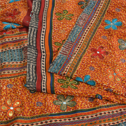 Sanskriti Vintage Sarees Red/Orange Hand Embroidery Print Pure Crepe Sari Sustainable Fabric