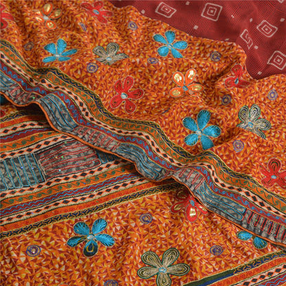 Sanskriti Vintage Sarees Red/Orange Hand Embroidery Print Pure Crepe Sari Sustainable Fabric