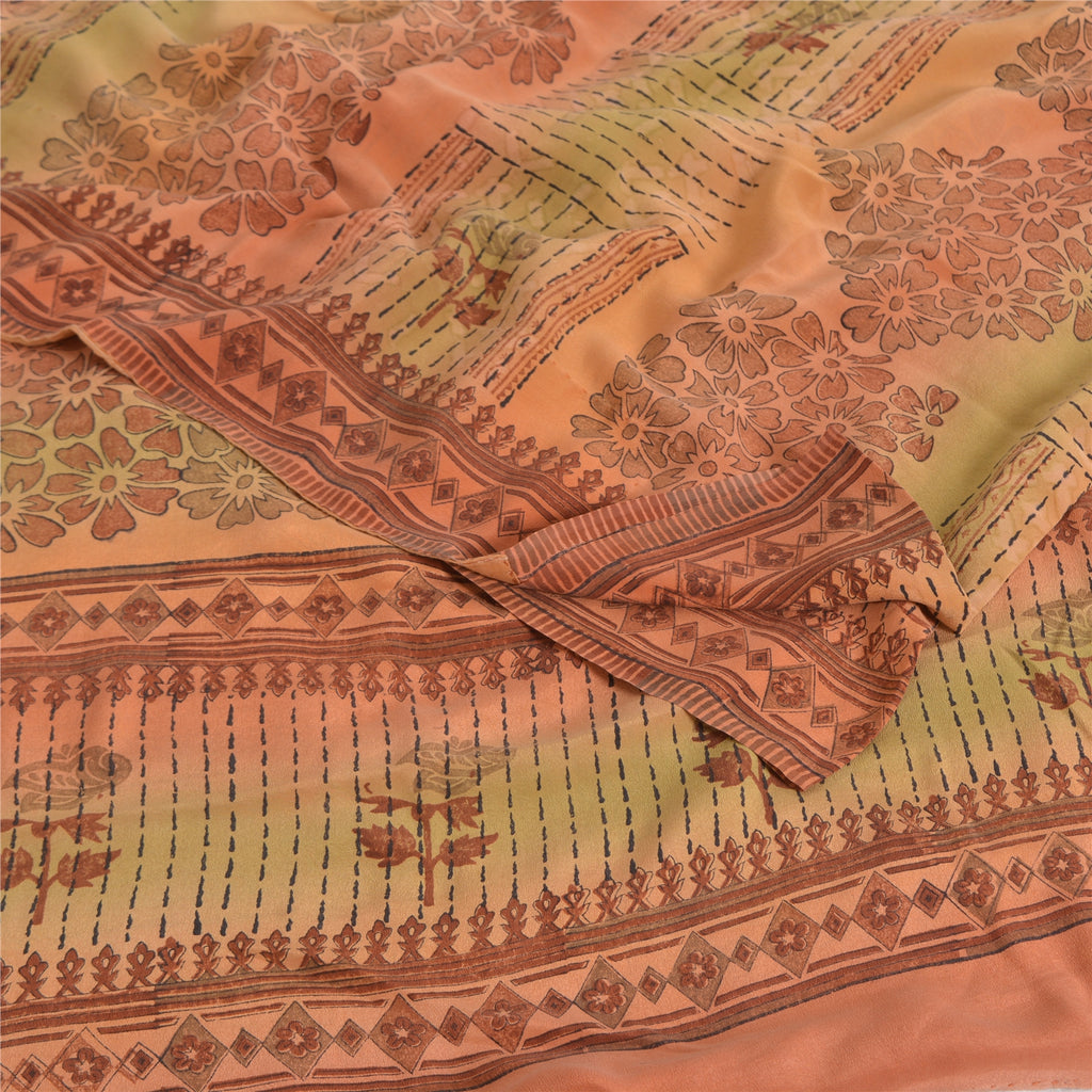 Sanskriti Vintage Sarier Orange Ren Crepe Silke Trykt Sari 5yd Håndværk Bæredygtigt Stoff