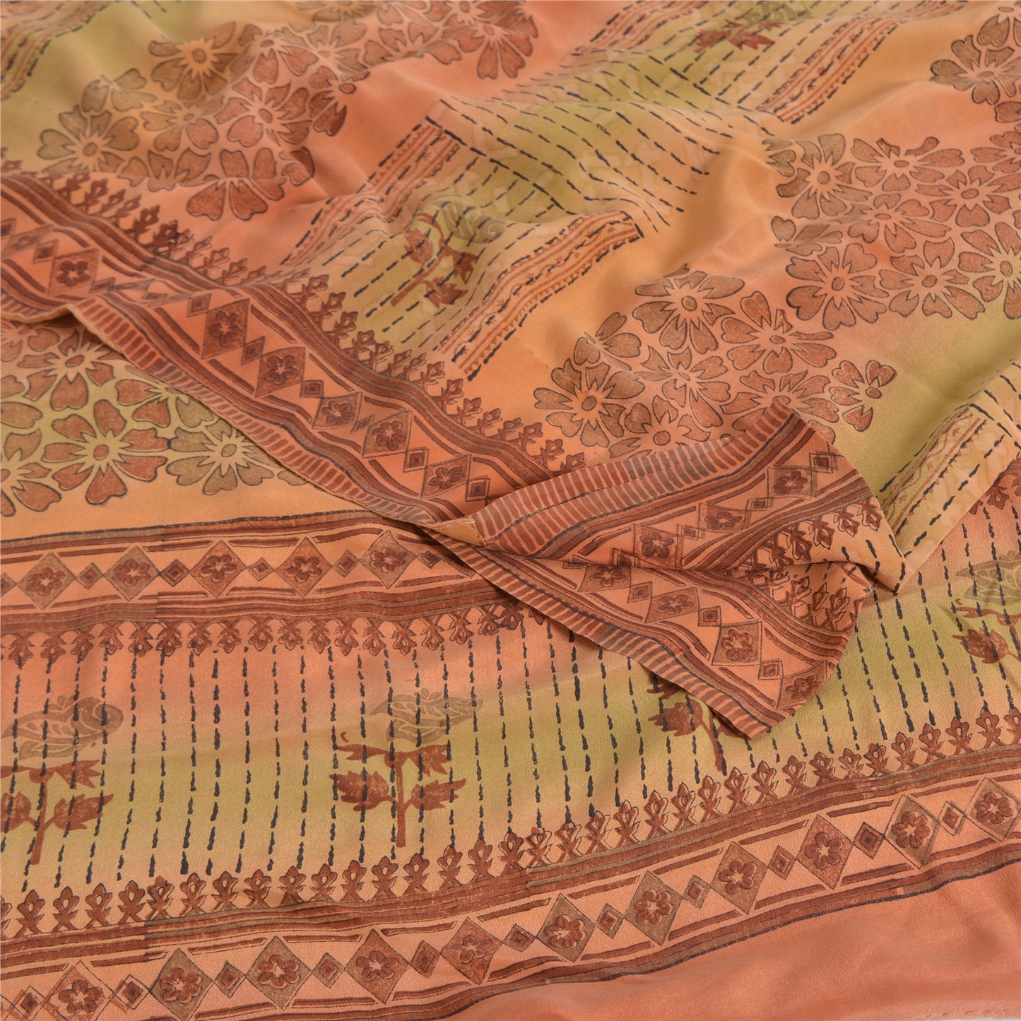 Sanskriti Vintage Sarier Orange Ren Crepe Silke Trykt Sari 5yd Håndværk Bæredygtigt Stoff