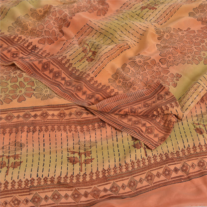 Sanskriti Vintage Sarier Orange Ren Crepe Silke Trykt Sari 5yd Håndværk Bæredygtigt Stoff