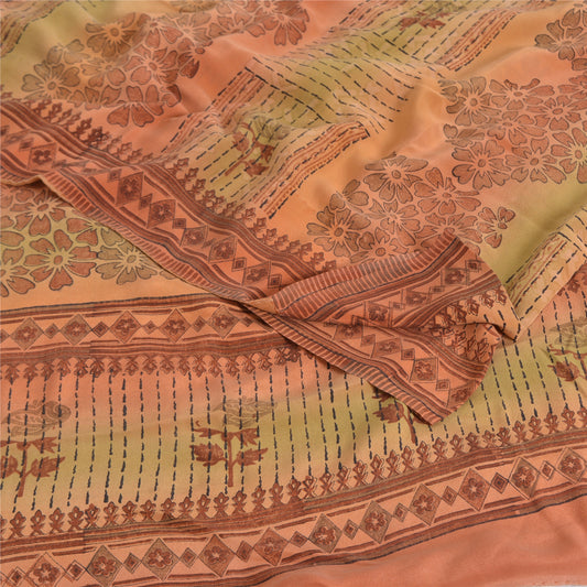 Sanskriti Vintage Sarees Orange Pure Crepe Silk Printed Sari 5yd Craft Sustainable Fabric