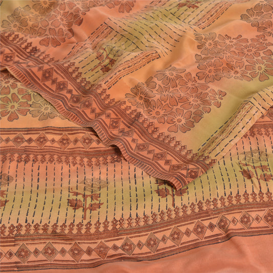 Sanskriti Vintage Sarees Orange Pure Crepe Silk Printed Sari 5yd Craft Sustainable Fabric