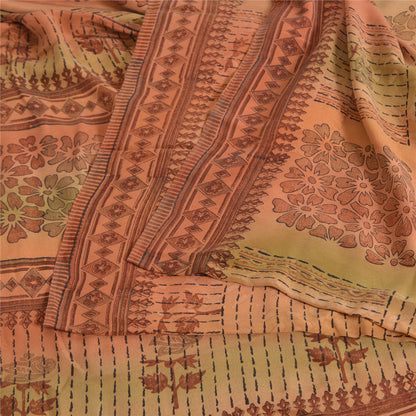 Sanskriti Vintage Sarier Orange Ren Crepe Silke Trykt Sari 5yd Håndværk Bæredygtigt Stoff