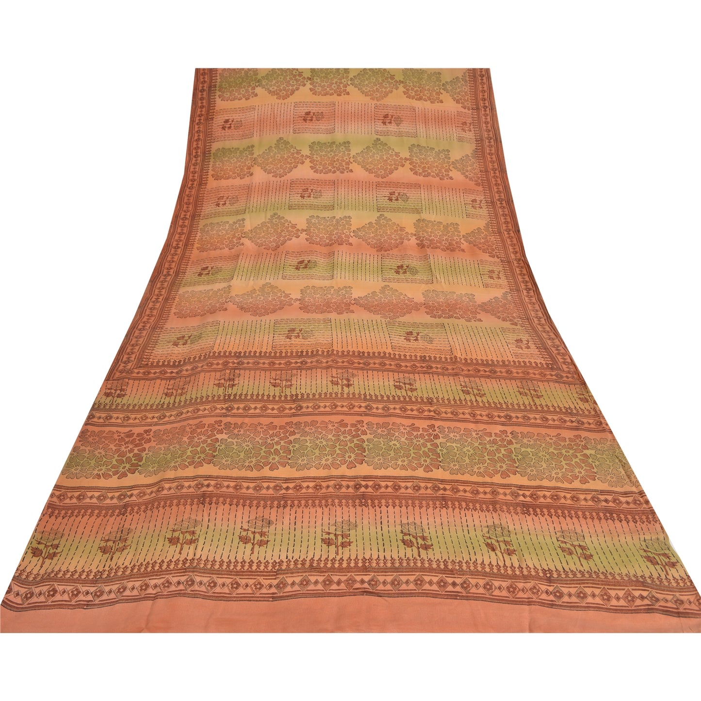 Sanskriti Vintage Sarier Orange Ren Crepe Silke Trykt Sari 5yd Håndværk Bæredygtigt Stoff