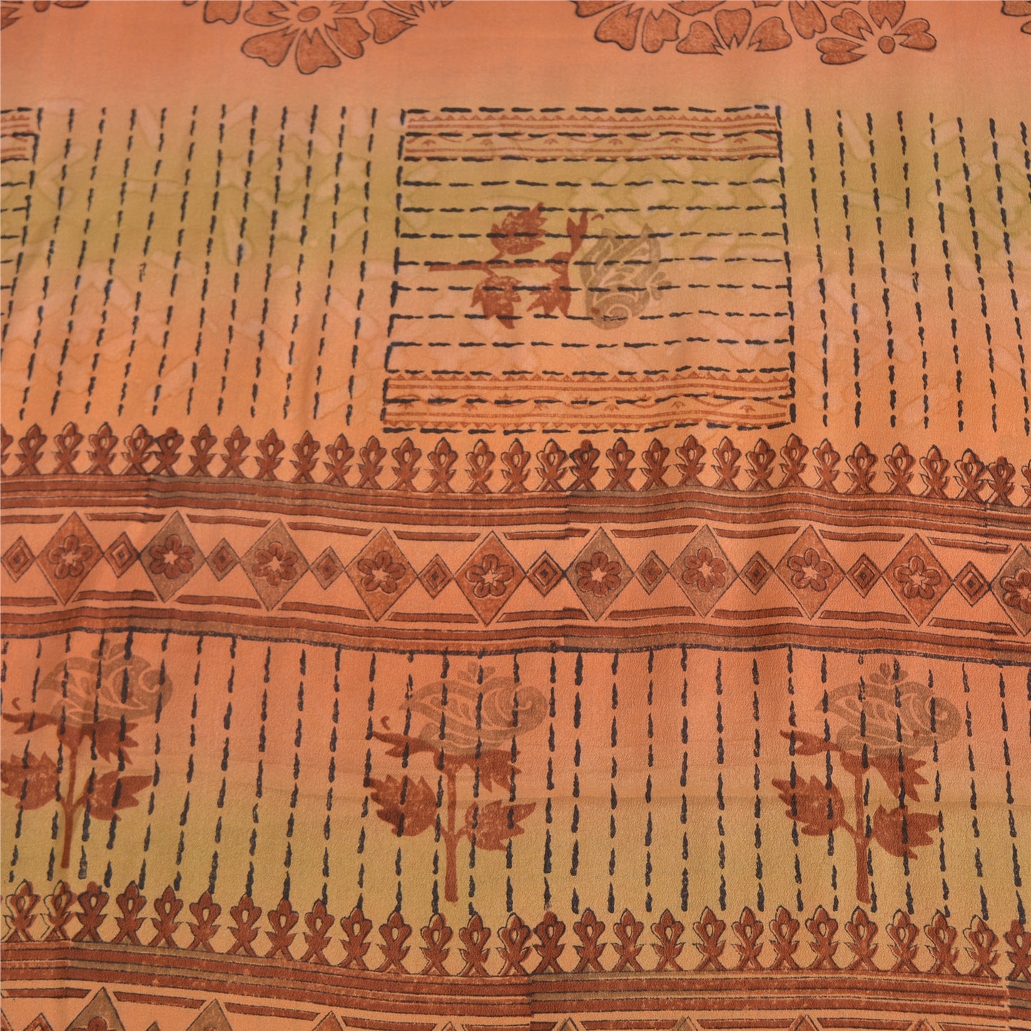 Sanskriti Vintage Sarier Orange Ren Crepe Silke Trykt Sari 5yd Håndværk Bæredygtigt Stoff