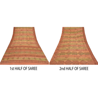 Sanskriti Vintage Sarier Orange Ren Crepe Silke Trykt Sari 5yd Håndværk Bæredygtigt Stoff