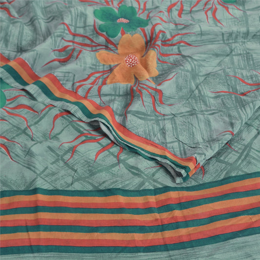 Sanskriti Vintage Sarees Dusty Green Pure Crepe Silk Print Sari 5yd Craft Sustainable Fabric