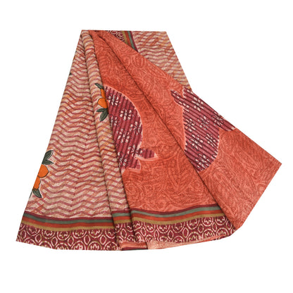 Sanskriti Vintage Sarees Peach 100% Pure Crepe Silk Print Sari 5yd Craft Sustainable Fabric