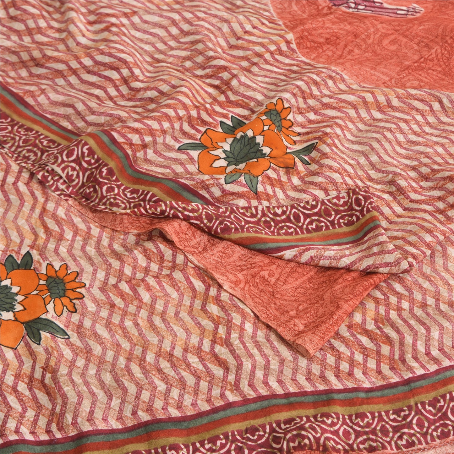 Sanskriti Vintage Sarees Peach 100% Pure Crepe Silk Print Sari 5yd Craft Sustainable Fabric