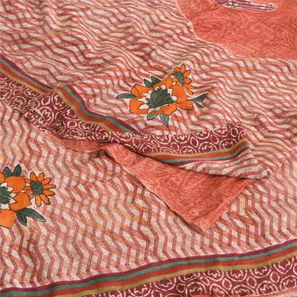 Sanskriti Vintage Sarees Peach 100% Pure Crepe Silk Print Sari 5yd Craft Sustainable Fabric