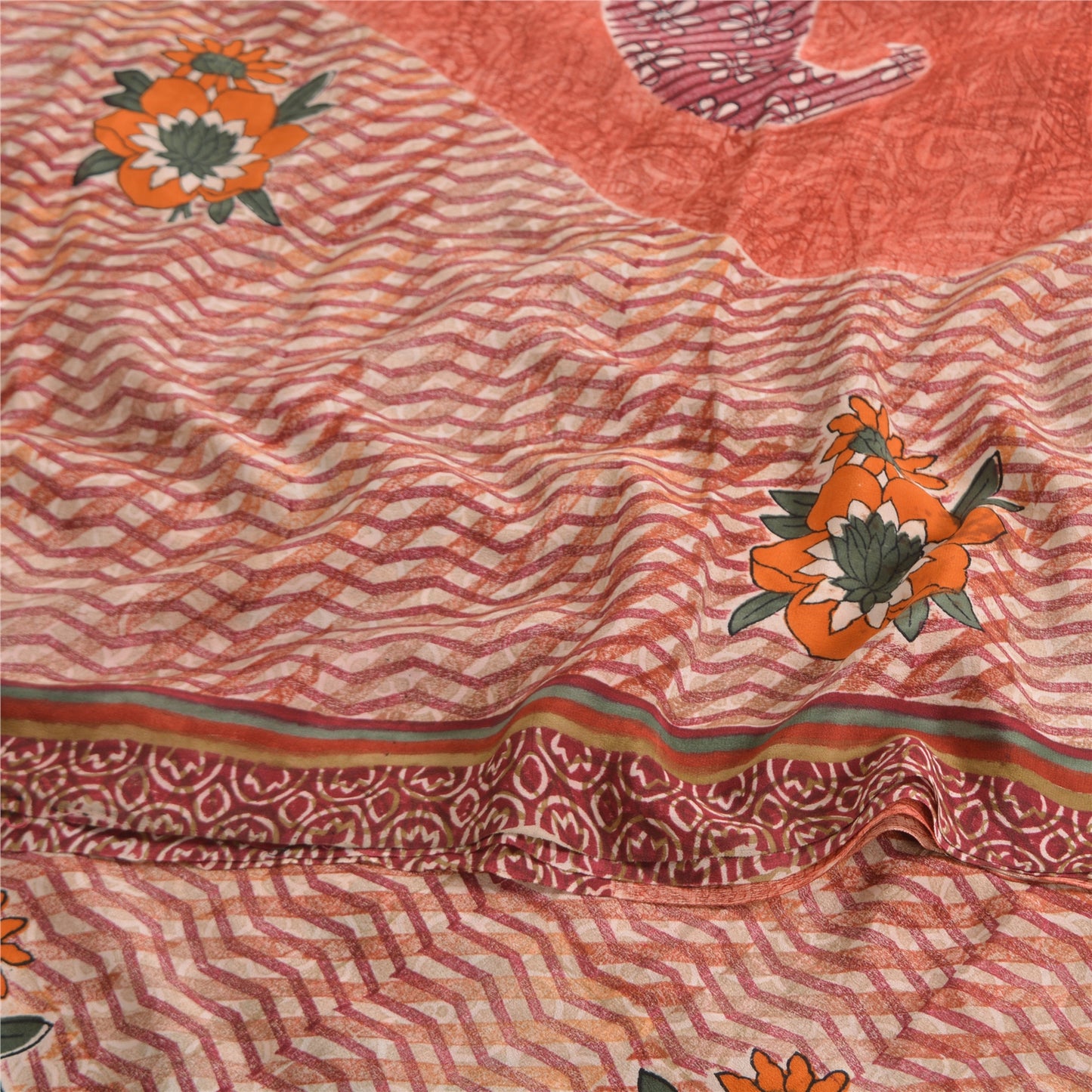 Sanskriti Vintage Sarees Peach 100% Pure Crepe Silk Print Sari 5yd Craft Sustainable Fabric