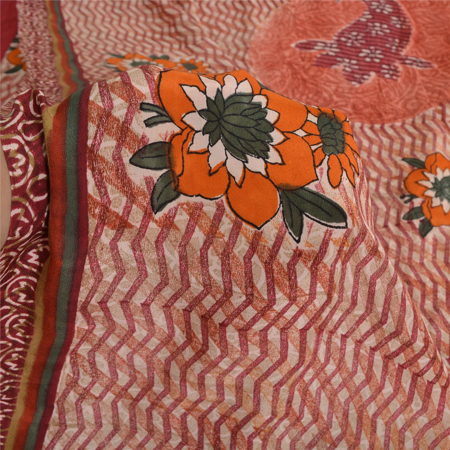 Sanskriti Vintage Sarees Peach 100% Pure Crepe Silk Print Sari 5yd Craft Sustainable Fabric
