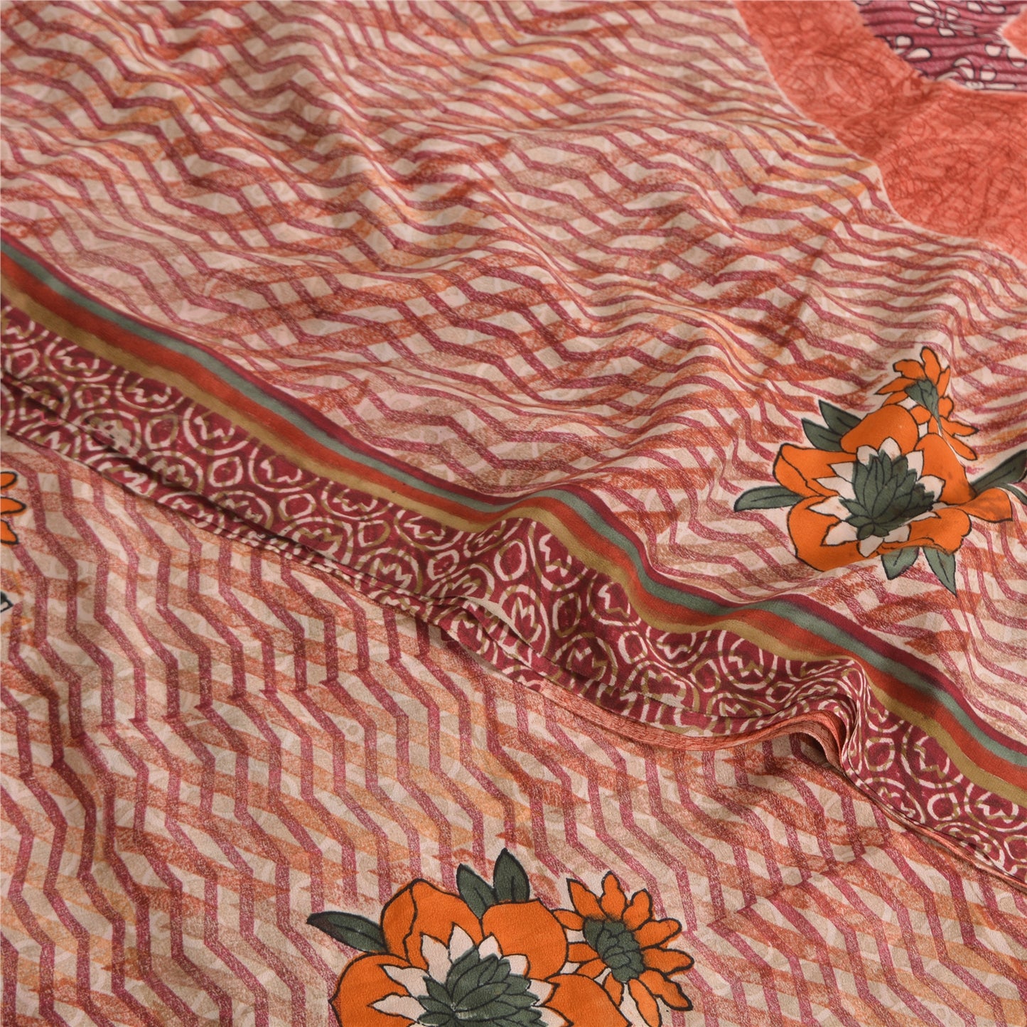 Sanskriti Vintage Sarees Peach 100% Pure Crepe Silk Print Sari 5yd Craft Sustainable Fabric