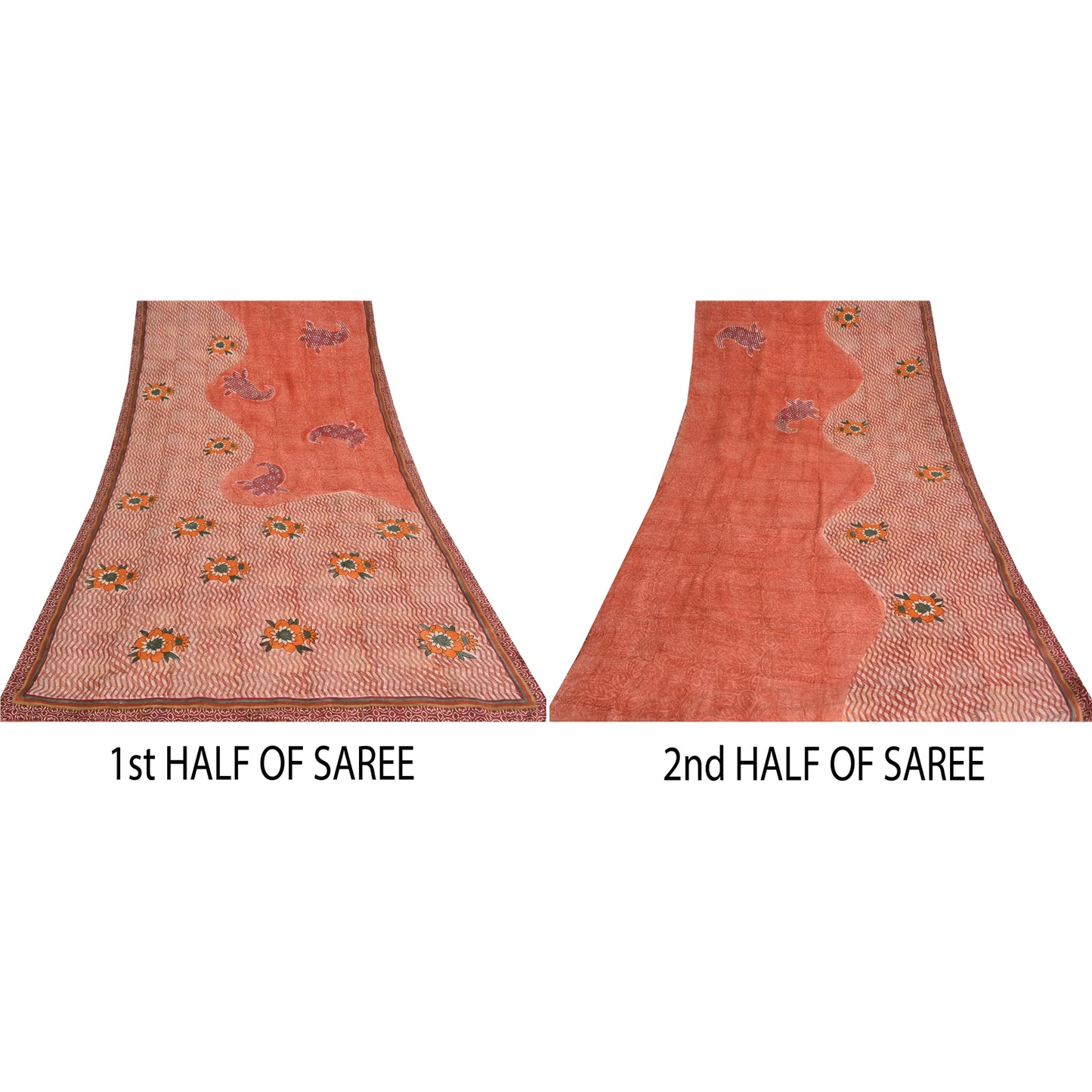 Sanskriti Vintage Sarees Peach 100% Pure Crepe Silk Print Sari 5yd Craft Sustainable Fabric