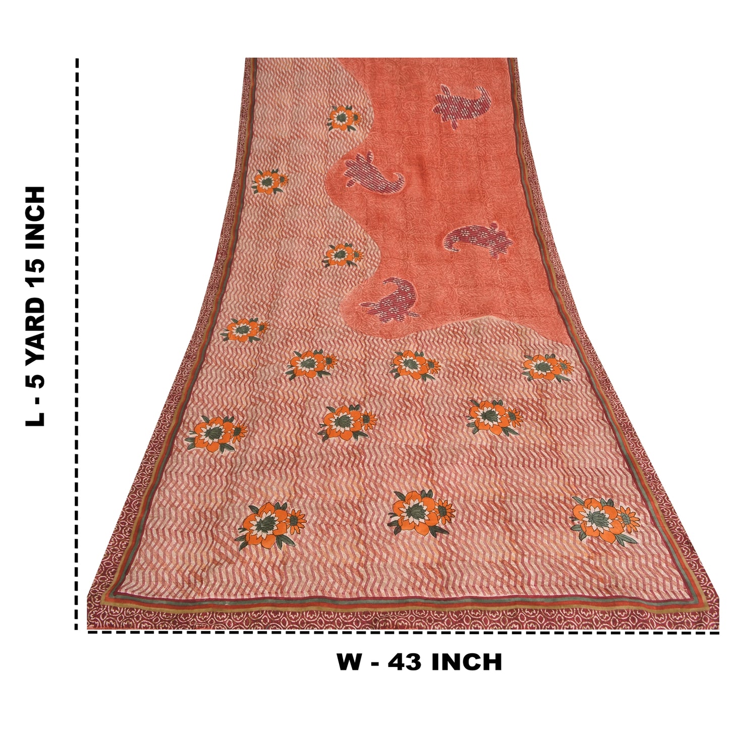 Sanskriti Vintage Sarees Peach 100% Pure Crepe Silk Print Sari 5yd Craft Sustainable Fabric