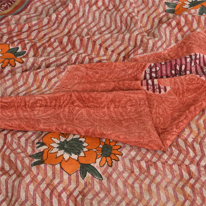 Sanskriti Vintage Sarees Peach 100% Pure Crepe Silk Print Sari 5yd Craft Sustainable Fabric