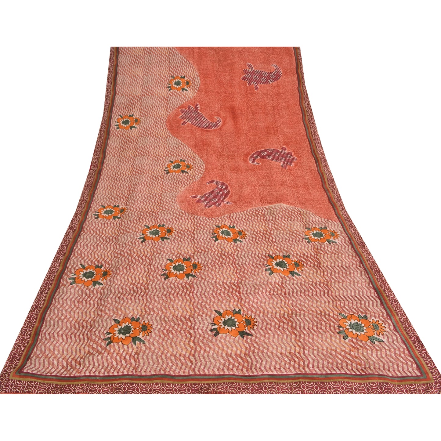 Sanskriti Vintage Sarees Peach 100% Pure Crepe Silk Print Sari 5yd Craft Sustainable Fabric