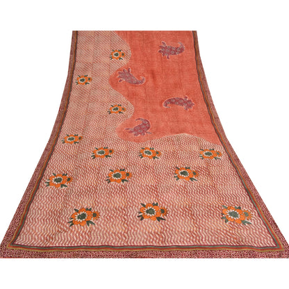 Sanskriti Vintage Sarees Peach 100% Pure Crepe Silk Print Sari 5yd Craft Sustainable Fabric
