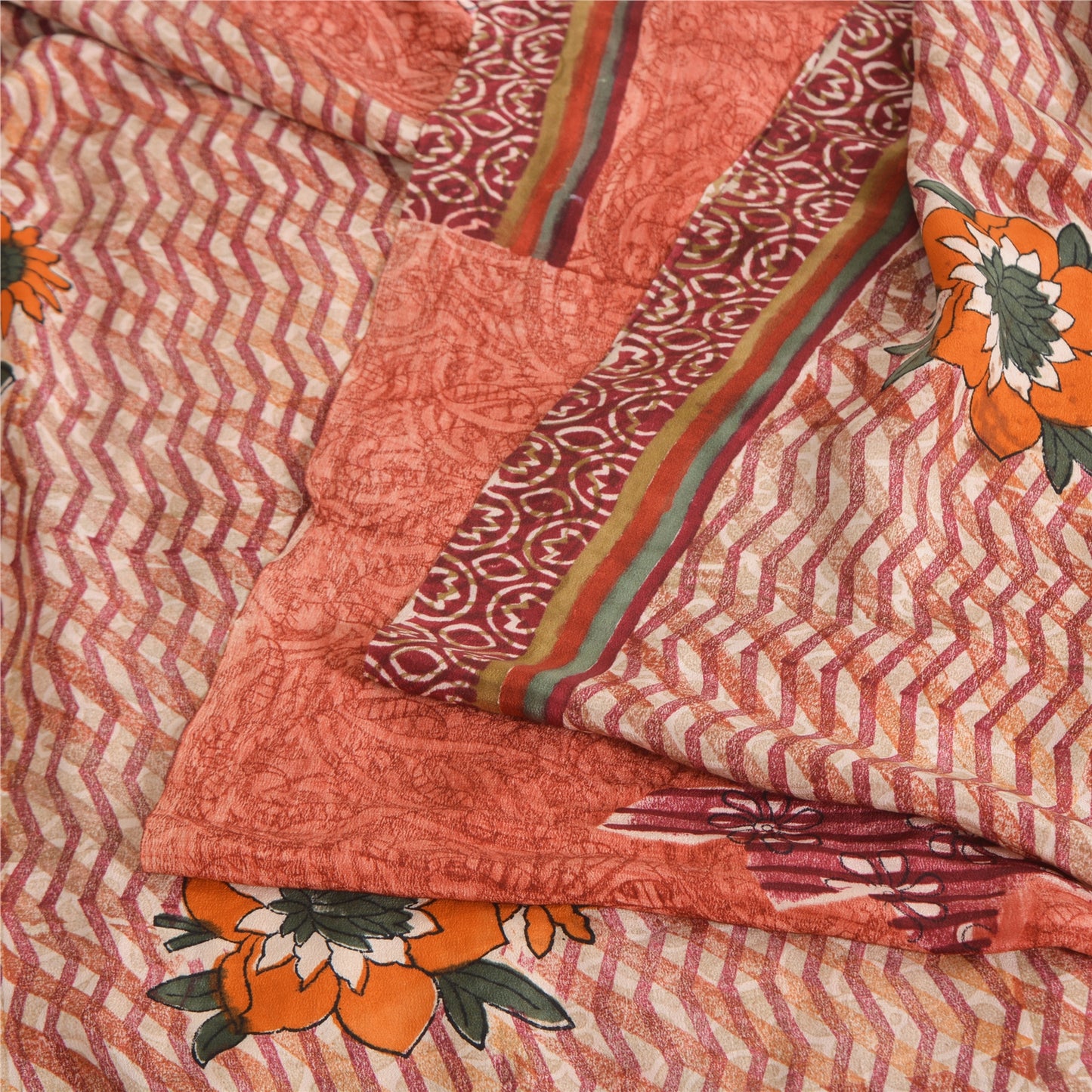 Sanskriti Vintage Sarees Peach 100% Pure Crepe Silk Print Sari 5yd Craft Sustainable Fabric