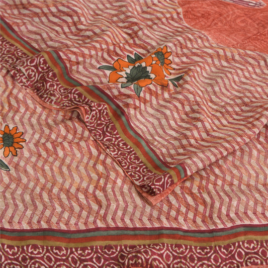 Sanskriti Vintage Sarees Peach 100% Pure Crepe Silk Print Sari 5yd Craft Sustainable Fabric