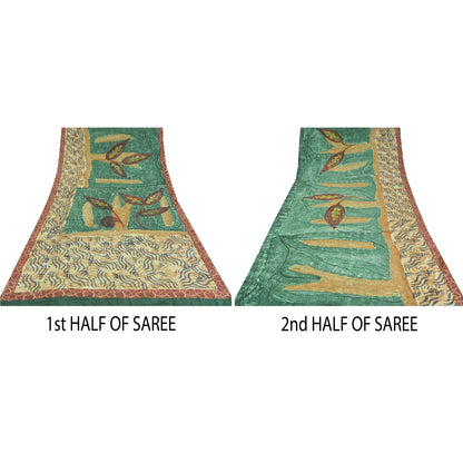 Sanskriti Vintage Sarees Green/Ivory Pure Crepe Silk Printed Sari 5yd Sustainable Fabric