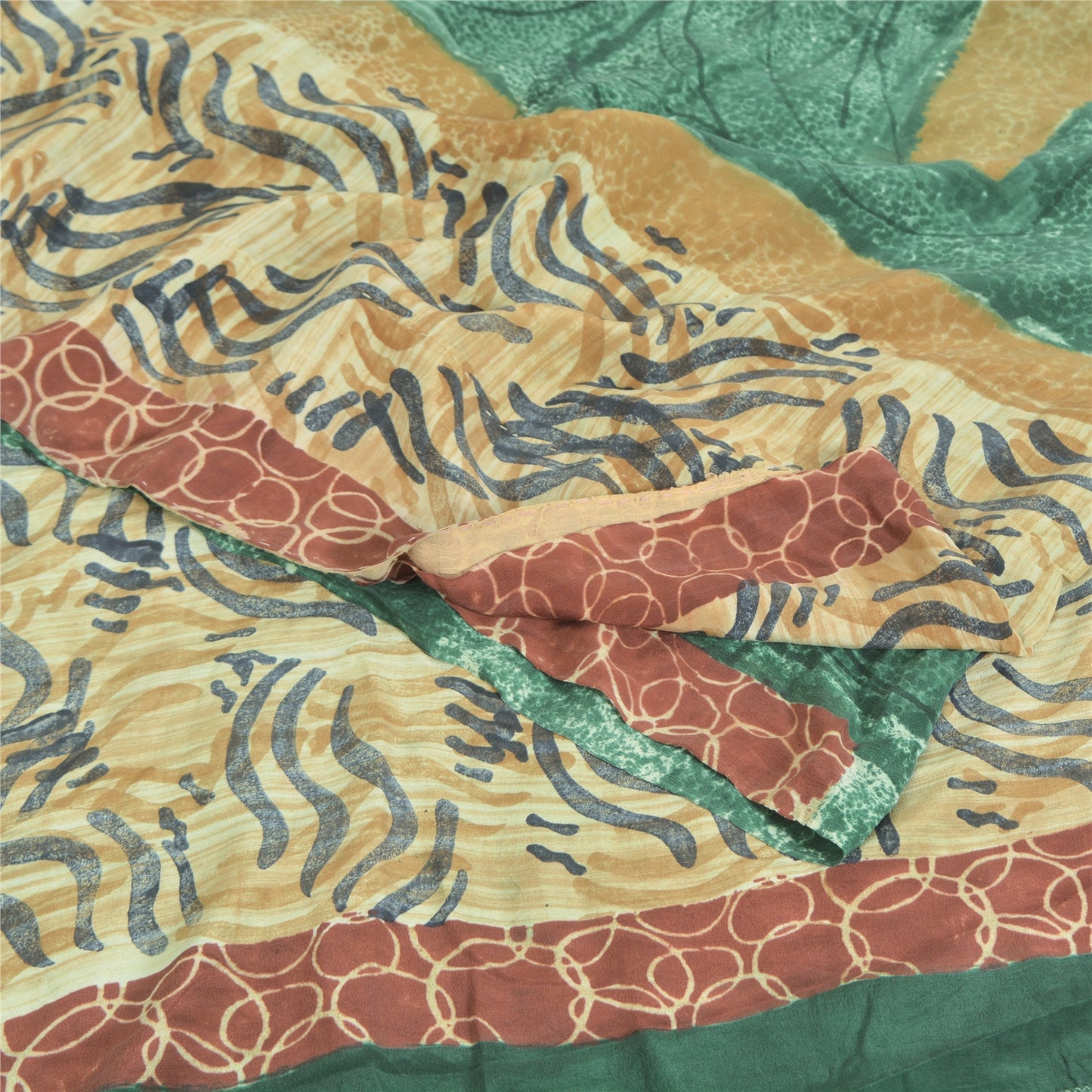 Sanskriti Vintage Sarees Green/Ivory Pure Crepe Silk Printed Sari 5yd Sustainable Fabric