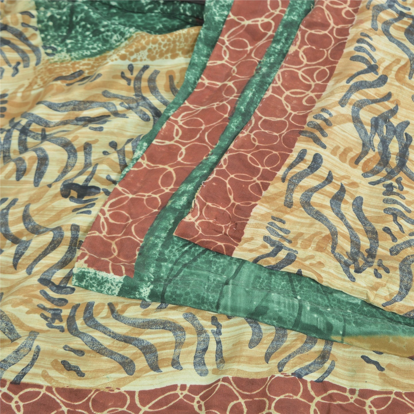 Sanskriti Vintage Sarees Green/Ivory Pure Crepe Silk Printed Sari 5yd Sustainable Fabric