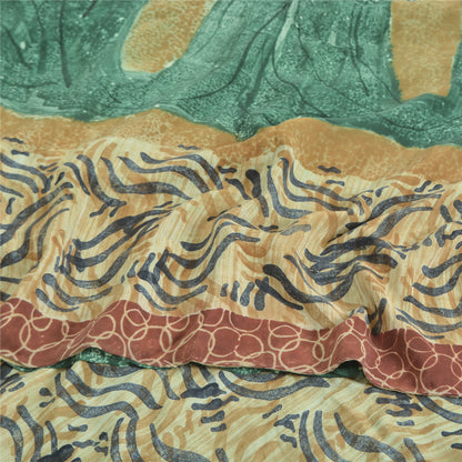 Sanskriti Vintage Sarees Green/Ivory Pure Crepe Silk Printed Sari 5yd Sustainable Fabric