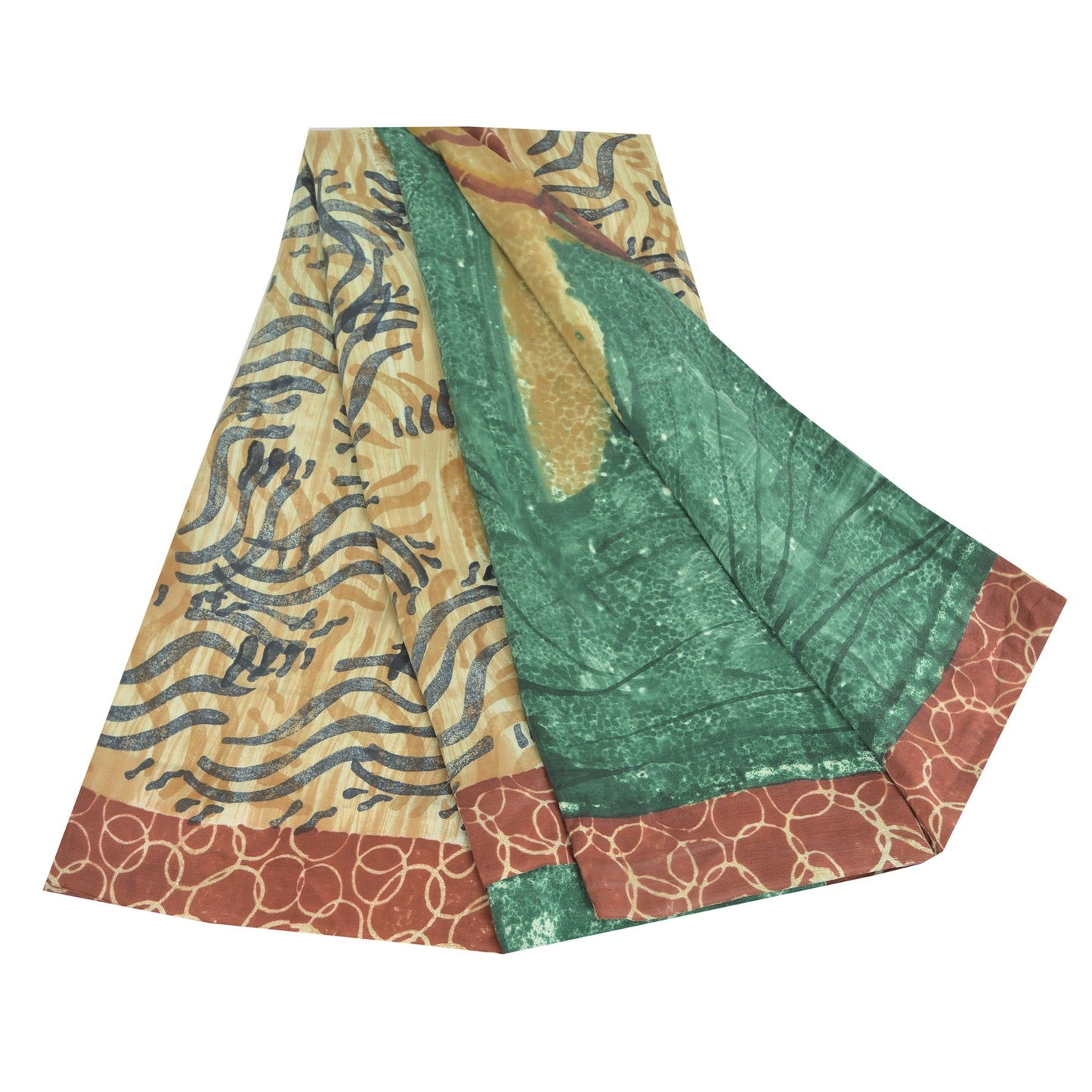 Sanskriti Vintage Sarees Green/Ivory Pure Crepe Silk Printed Sari 5yd Sustainable Fabric