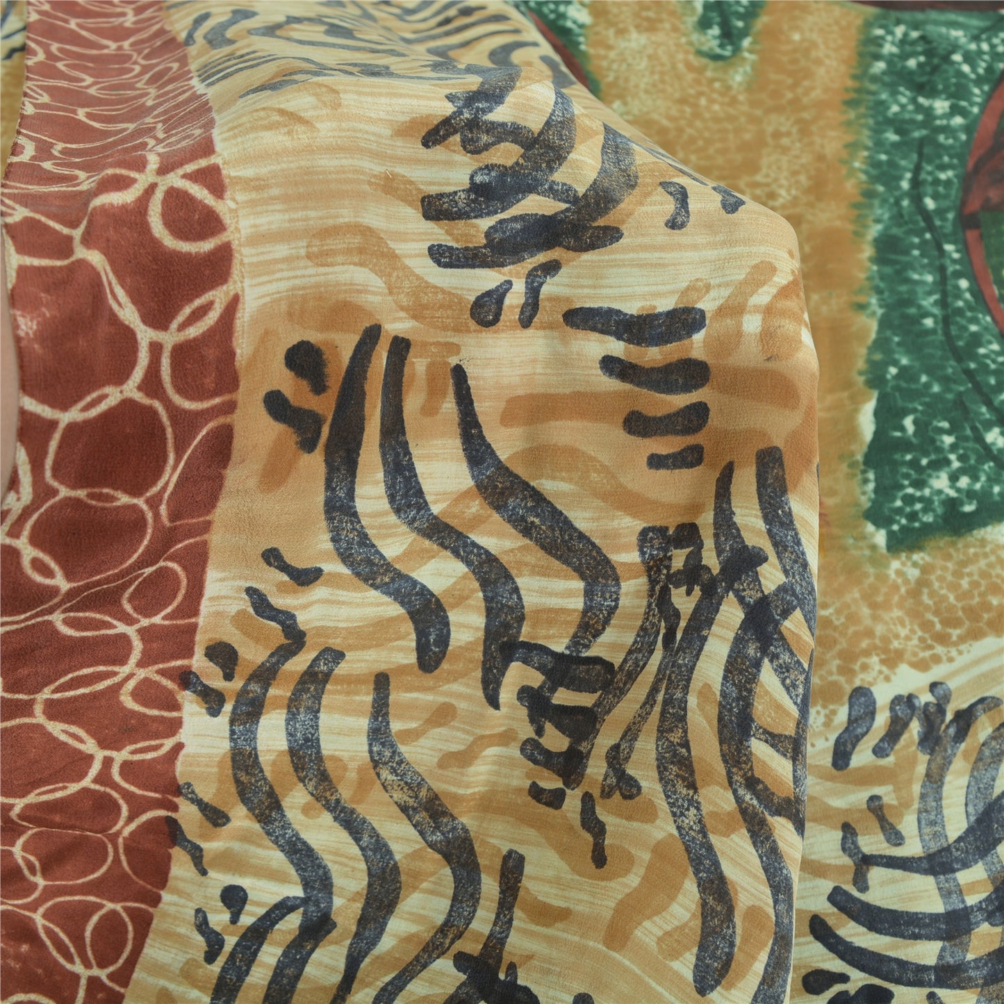 Sanskriti Vintage Sarees Green/Ivory Pure Crepe Silk Printed Sari 5yd Sustainable Fabric