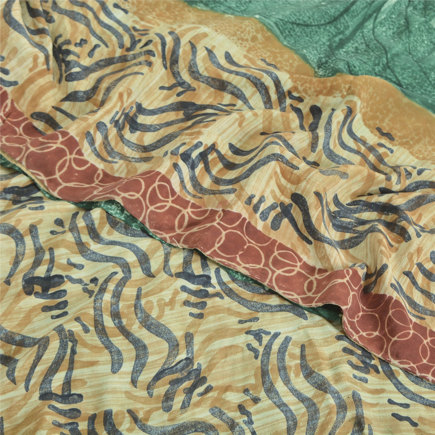 Sanskriti Vintage Sarees Green/Ivory Pure Crepe Silk Printed Sari 5yd Sustainable Fabric