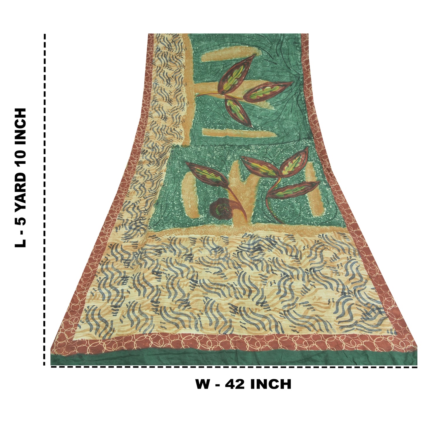 Sanskriti Vintage Sarees Green/Ivory Pure Crepe Silk Printed Sari 5yd Sustainable Fabric