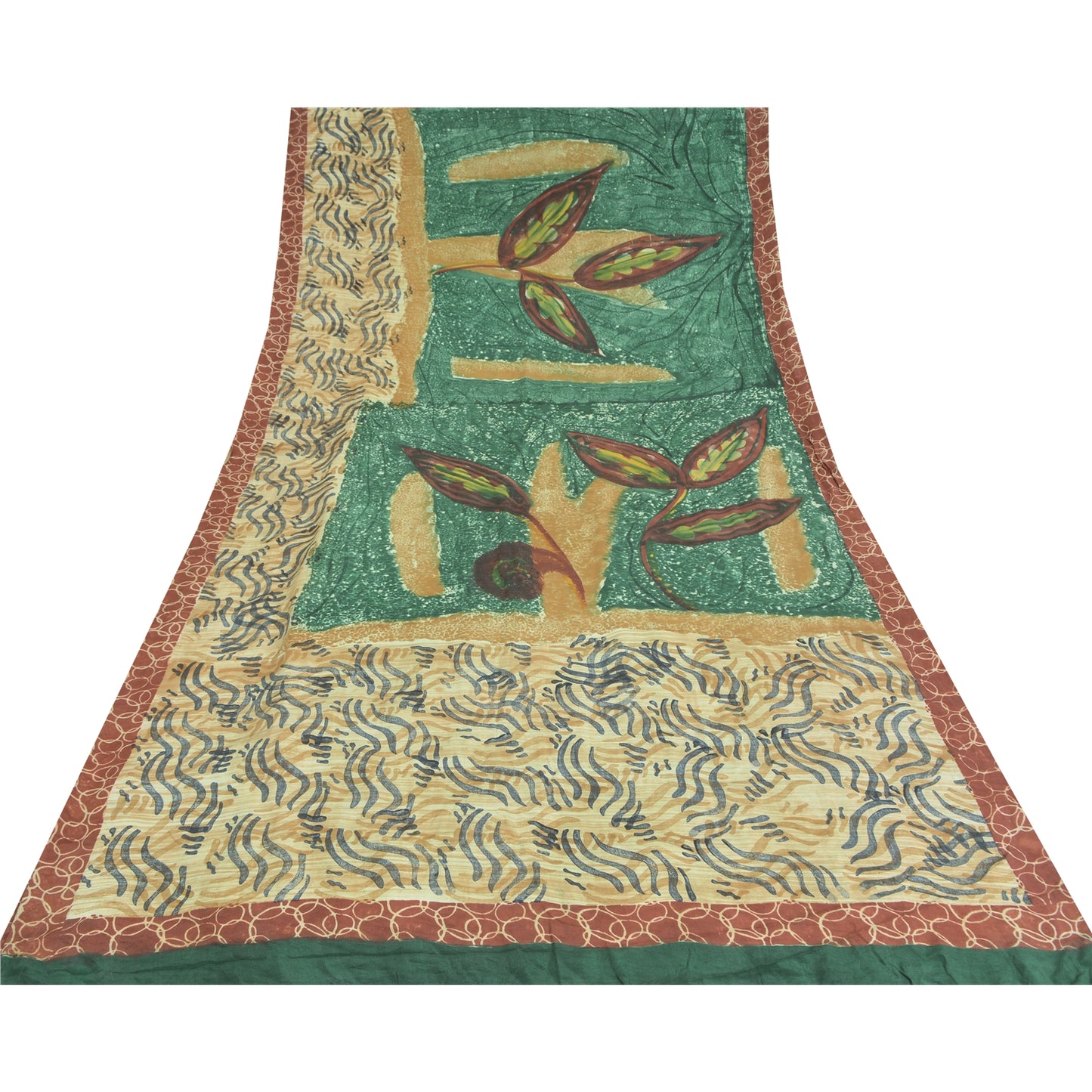 Sanskriti Vintage Sarees Green/Ivory Pure Crepe Silk Printed Sari 5yd Sustainable Fabric