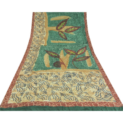 Sanskriti Vintage Sarees Green/Ivory Pure Crepe Silk Printed Sari 5yd Sustainable Fabric