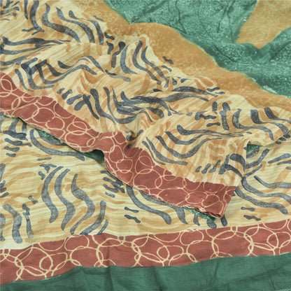 Sanskriti Vintage Sarees Green/Ivory Pure Crepe Silk Printed Sari 5yd Sustainable Fabric