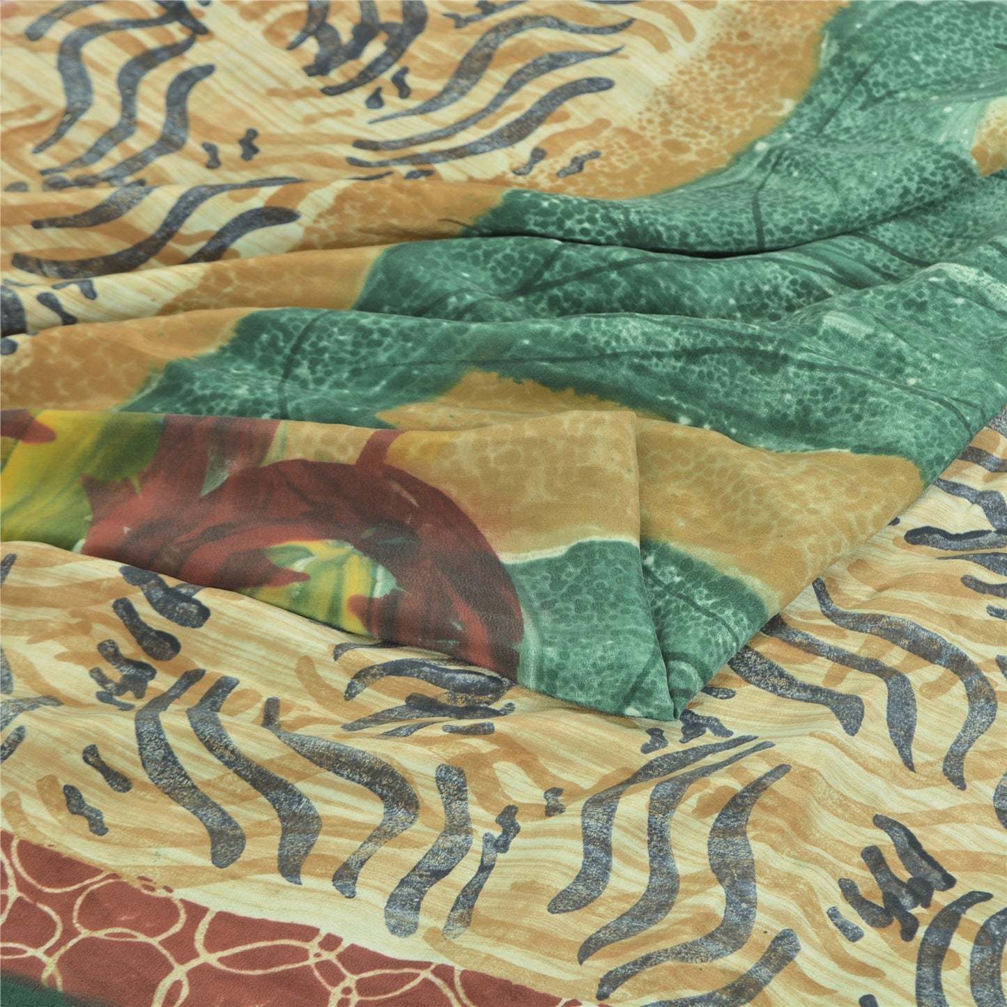 Sanskriti Vintage Sarees Green/Ivory Pure Crepe Silk Printed Sari 5yd Sustainable Fabric