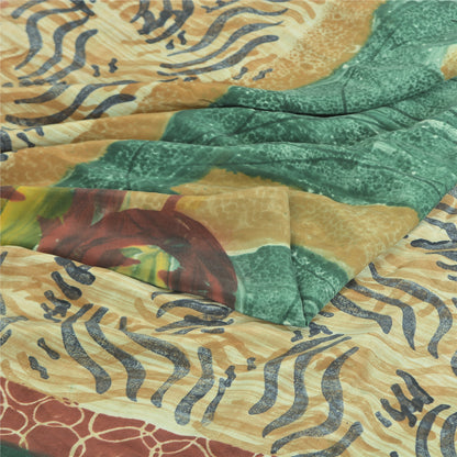Sanskriti Vintage Sarees Green/Ivory Pure Crepe Silk Printed Sari 5yd Sustainable Fabric