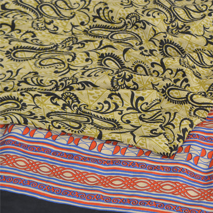 Sanskriti Vintage Sarees Green Pure Crepe Silk Printed Sari 5yd Craft Sustainable Fabric