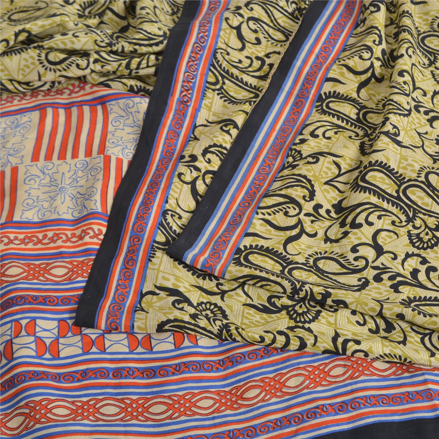 Sanskriti Vintage Sarees Green Pure Crepe Silk Printed Sari 5yd Craft Sustainable Fabric