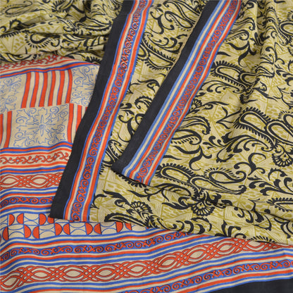 Sanskriti Vintage Sarees Green Pure Crepe Silk Printed Sari 5yd Craft Sustainable Fabric