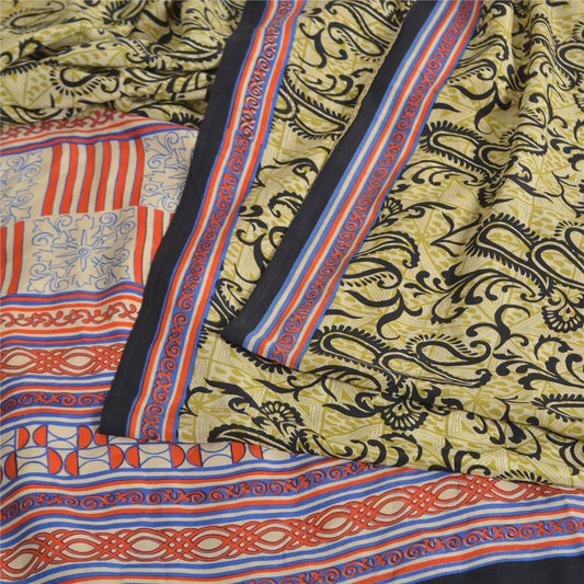 Sanskriti Vintage Sarees Green Pure Crepe Silk Printed Sari 5yd Craft Sustainable Fabric