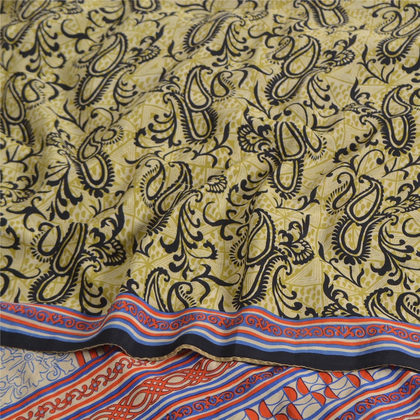 Sanskriti Vintage Sarees Green Pure Crepe Silk Printed Sari 5yd Craft Sustainable Fabric