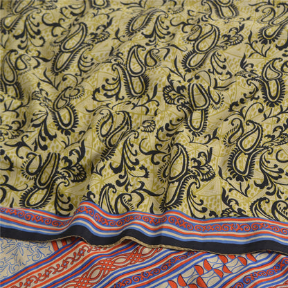 Sanskriti Vintage Sarees Green Pure Crepe Silk Printed Sari 5yd Craft Sustainable Fabric