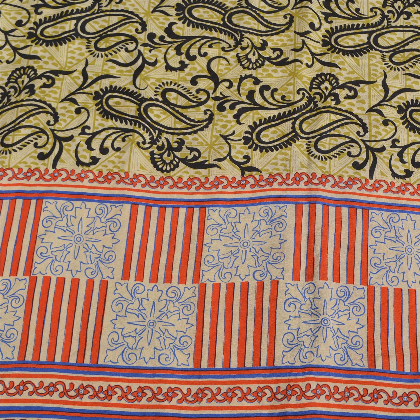 Sanskriti Vintage Sarees Green Pure Crepe Silk Printed Sari 5yd Craft Sustainable Fabric