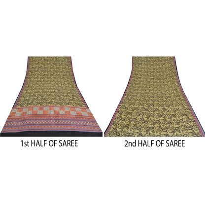 Sanskriti Vintage Sarees Green Pure Crepe Silk Printed Sari 5yd Craft Sustainable Fabric