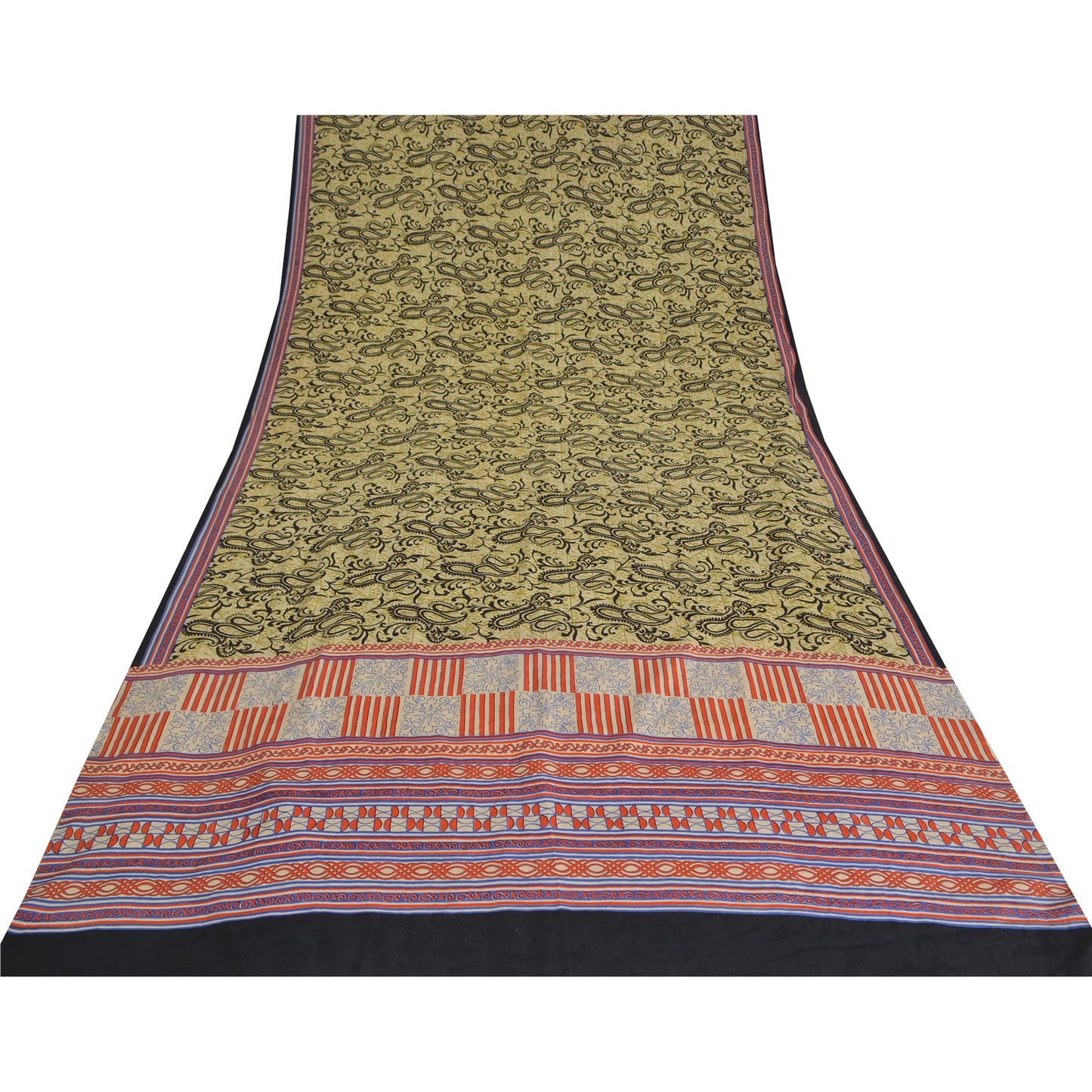 Sanskriti Vintage Sarees Green Pure Crepe Silk Printed Sari 5yd Craft Sustainable Fabric