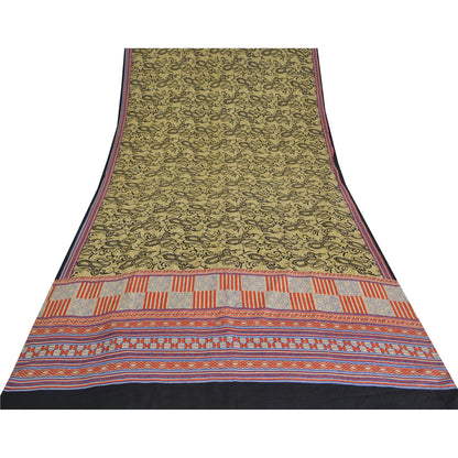 Sanskriti Vintage Sarees Green Pure Crepe Silk Printed Sari 5yd Craft Sustainable Fabric