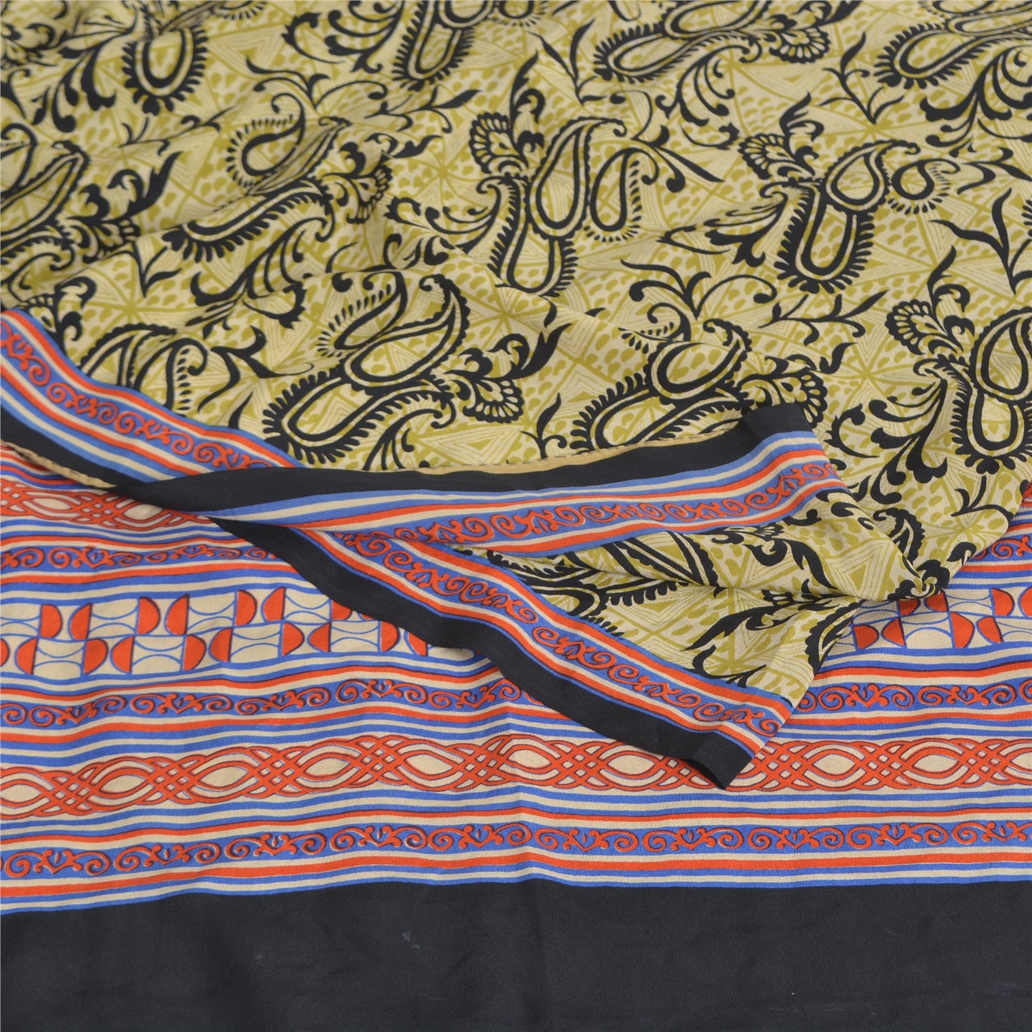 Sanskriti Vintage Sarees Green Pure Crepe Silk Printed Sari 5yd Craft Sustainable Fabric